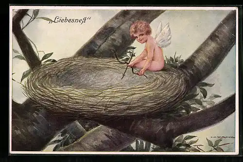 Künstler-AK H. Zahl: Amor sitzt in einem Vogelnest