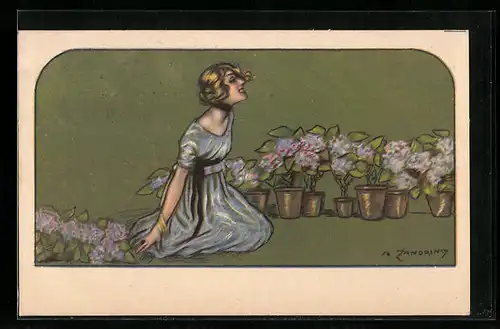 Künstler-AK A. Zandrino: Eine Frau mit Blumentöpfen