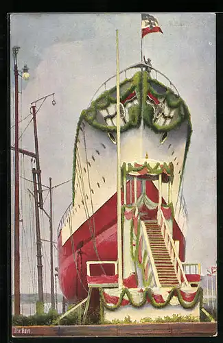 Künstler-AK Christopher Rave: Kriegsschiff Geschmückter Kreuzer Friedrich Karl vor dem Stapellauf 1902, Fahne