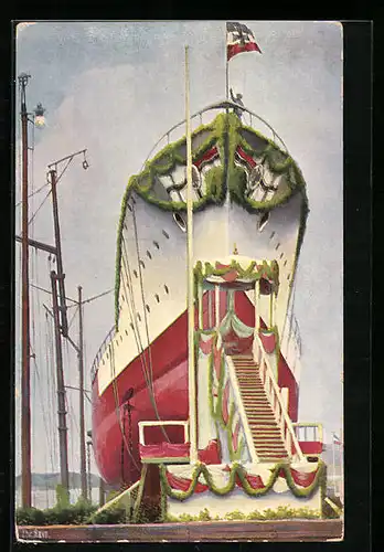 Künstler-AK Christopher Rave: Kriegsschiff Kreuzer Friedrich Karl vor dem Stapellauf 1902, Fahne