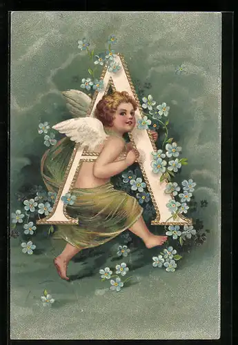 Präge-Lithographie Amor trägt den Buchstaben A, Vergissmeinnicht