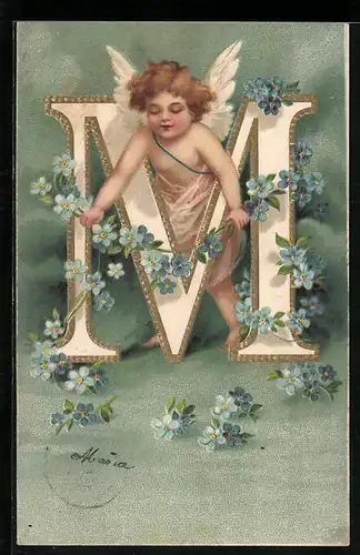 Präge-Lithographie Amor mit Buchstabe M und Vergissmeinnicht