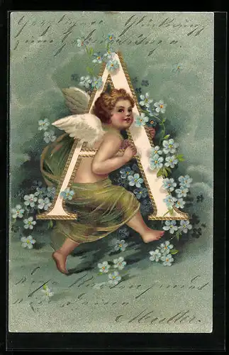 Präge-Lithographie Amor mit Buchstabe A unter dem Arm, Vergissmeinnicht