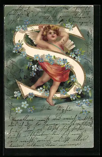 Präge-Lithographie Amor mit Buchstabe S und Vergissmeinnicht