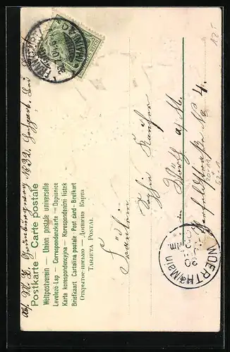 Präge-Lithographie Amor mit Buchstabe S und Vergissmeinnicht