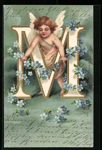 Präge-Lithographie Amor schmückt den Buchstaben M mit Vergissmeinnicht