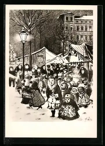 Künstler-AK Heinrich Zille: Berlin, Weihnachtsmarkt Arkonaplatz, mit kleinen Besuchern