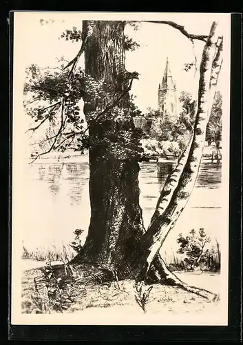 Künstler-AK Heinrich Zille: Berlin, Flusspartie mit Stralauer Kirche