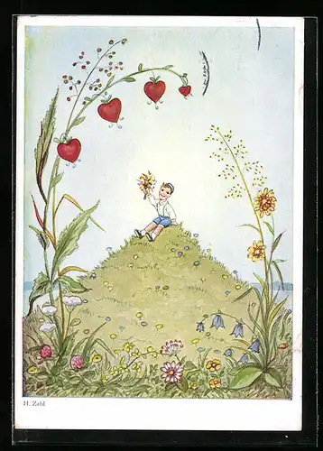 Künstler-AK H. Zahl: Kleiner Knabe mit Wiesenblumenstrauss auf einem Hügel