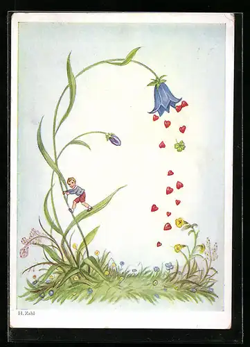 Künstler-AK H. Zahl: Kleiner Knabe beim Klettern auf einer Glockenblume