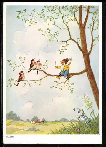 Künstler-AK H. Zahl: Frühlingslandschaft mit Zwerg und singenden Rotkehlchen