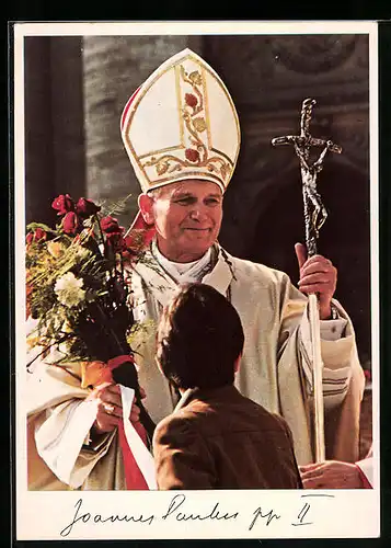 AK Papst Johannes Paul II. mit Ferula, Mitra und Blumenstrauss