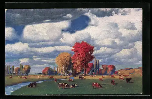 Künstler-AK Eduard Rüdisühli: Herbstweide mit Kühen