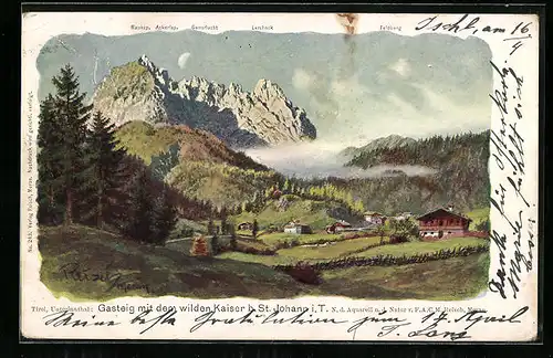 Künstler-AK F.A.C.M. Reisch: Gasteig. Ort mit wildem Kaiser b. St. Johann i. T.