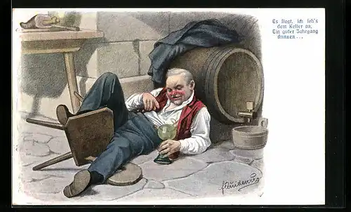 Künstler-AK Fritz Quidenus: Älterer Herr betrunken am Boden liegend