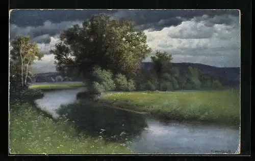 Künstler-AK Hermann Rüdisühli: Wiesenbach am bewölkten Tag