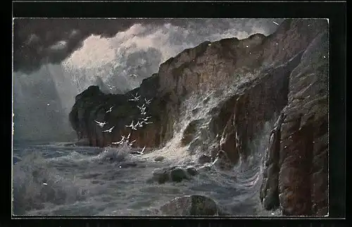 Künstler-AK Hermann Rüdisühli: Gewitteranzug bei Felsen am Wasser