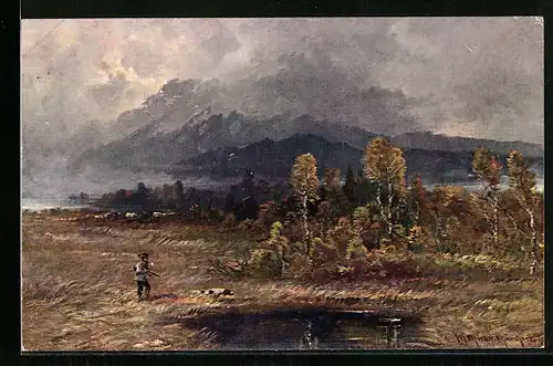 Künstler-AK M. Müller jun.: Jäger mit Jagdhund am Waldsee