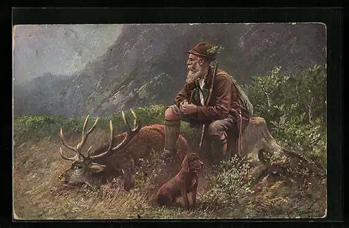 Künstler-AK M. Müller jun.: Jäger mit einem erlegten Hirsch