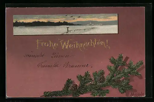 Künstler-AK Alfred Mailick: Winterlandschaft, Frohe Weihnachten