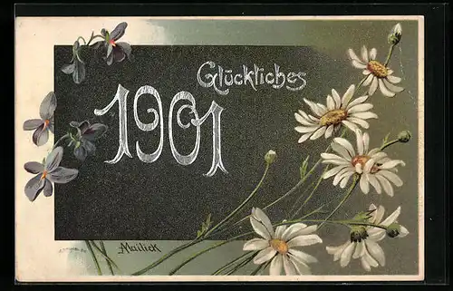 Künstler-AK Alfred Mailick: Glückliches 1901, Jahreszahl und Blüten