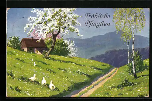 Künstler-AK Alfred Mailick: Fröhliche Pfingsten, Enten auf Wiese