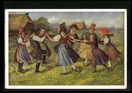 Künstler-AK Georg Mühlberg: Tanzende Kinder im Kreis, Ringelreihen im Schwarzwald