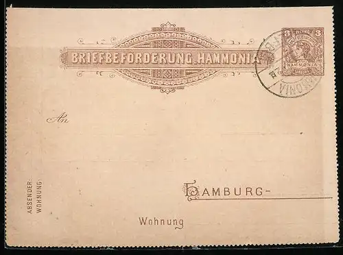 AK Hamburg, Briefbeförderung Hammonia, Private Stadtpost, Ganzsache