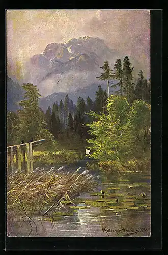 Künstler-AK M. Müller jun.: Landschaftsbild am See