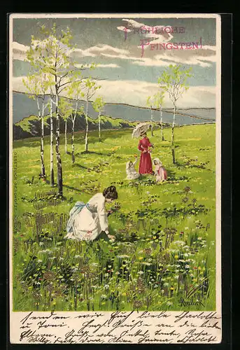 Künstler-AK Alfred Mailick: Frauen mit Kindern pflücken Blumen, Pfingstgruss