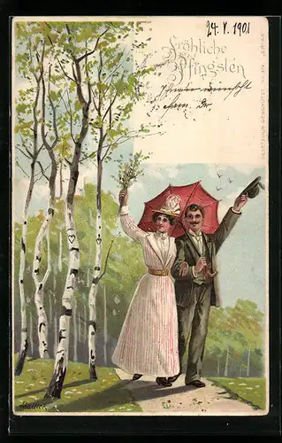 Künstler-AK Alfred Mailick: Grüssendes Paar beim Frühlingsspaziergang, Pfingstgruss