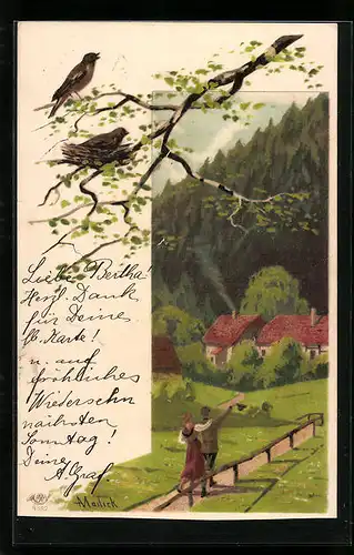 Künstler-AK Alfred Mailick: Paar beim Spaziergang im Frühling, Vogelpaar am Nest