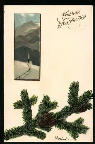 Künstler-AK Alfred Mailick: Winter-Berglandschaft mit Kirche, Tannenzweig, Weihnachtsgruss