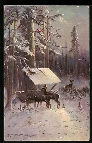 Künstler-AK M. Müller jun.: Rehe im Winter an einer Krippe