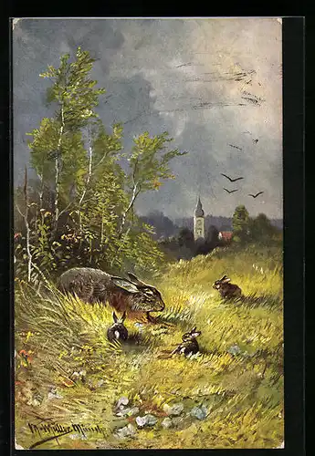 Künstler-AK M. Müller jun.: Hasenfamilie am Waldrand vor einer Ortschaft