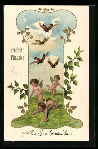 Passepartout-AK Drei Engel und fliegende Maikäfer, Pfingstgruss