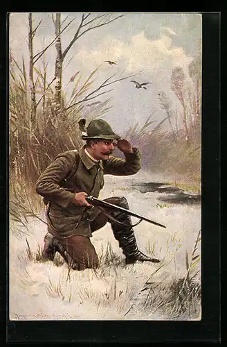 Künstler-AK M. Müller jun.: Schussbereiter Jäger hält Ausschau
