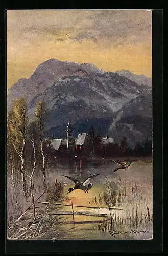 Künstler-AK M. Müller jun.: Fliegendes Entenpaar vor Ortschaft im Gebirge