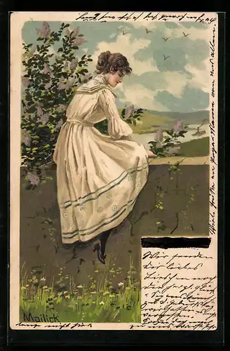 Künstler-AK Alfred Mailick: Junge Dame und Fliederstrauch vor Flusslandschaft