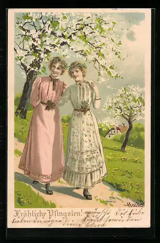 Künstler-AK Alfred Mailick: Zwei junge Damen beim Spaziergang, Pfingstgruss