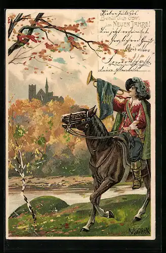 Künstler-AK Alfred Mailick: Säckingen, Blasender Trompeter im Herbst, Neujahrsgruss