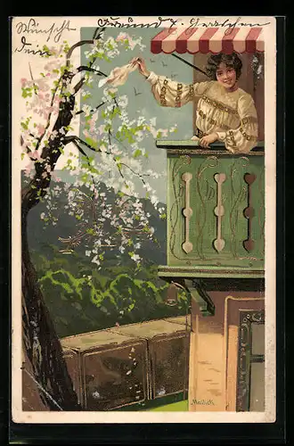 Künstler-AK Alfred Mailick: Winkende junge Dame auf einem Balkon im Frühling