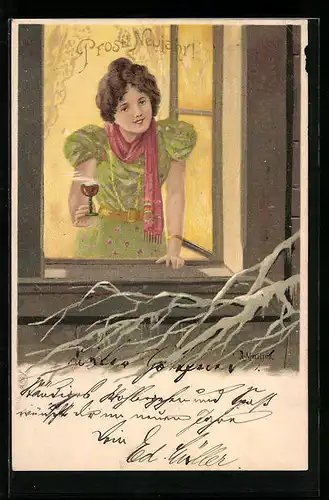 Künstler-AK Alfred Mailick: Junge Dame mit Punschglas in einem Fenster, Neujahrsgruss