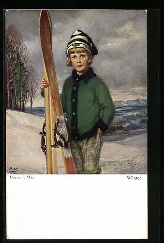 Künstler-AK Corneille Max: Winter, Bub mit Mütze und Skiern