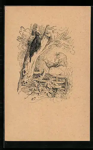 Künstler-AK Ludwig Richter: Der Knabe und der Schwarzspecht, Wanders neue Fabeln