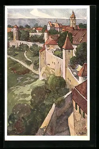 Künstler-AK Karl Mutter: Rothenburg ob der Tauber, Ansicht der Stadtmauer