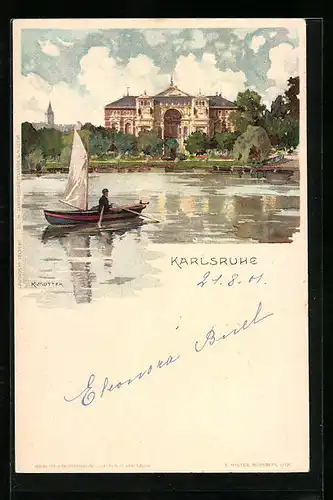 Künstler-AK Karl Mutter: Karlsruhe, Boot auf Teich, Amtsgebäude