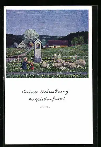 Künstler-AK Josef Madlener: Kinder spielen auf der Wiese neben einer Schafherde, Im Mai