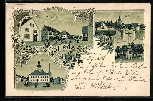 Lithographie Cölleda, Marktplatz, Johanniskirche, Kriegerdenkmal, Rathaus