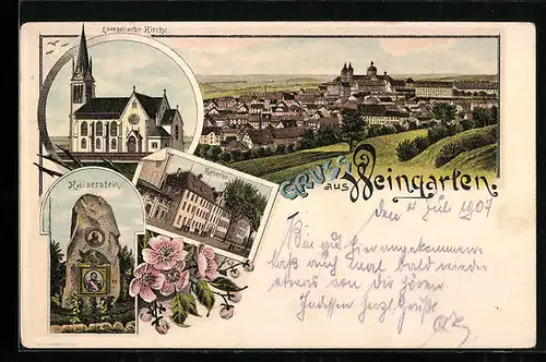 Lithographie Weingarten, Kaserne, Evangelische Kirche, Kaiserstein